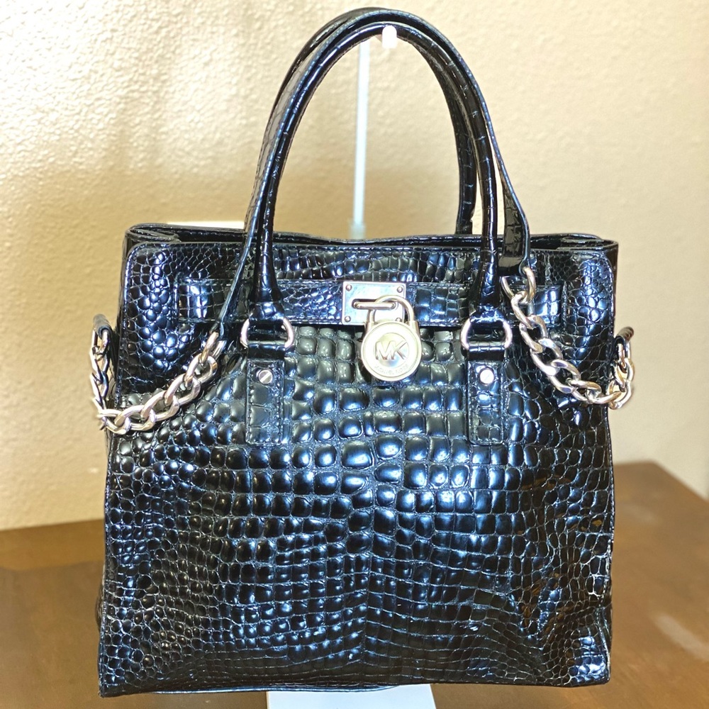Michael Kors Black Embossed Snakeskin Leather Tote - Picture 2 of 15